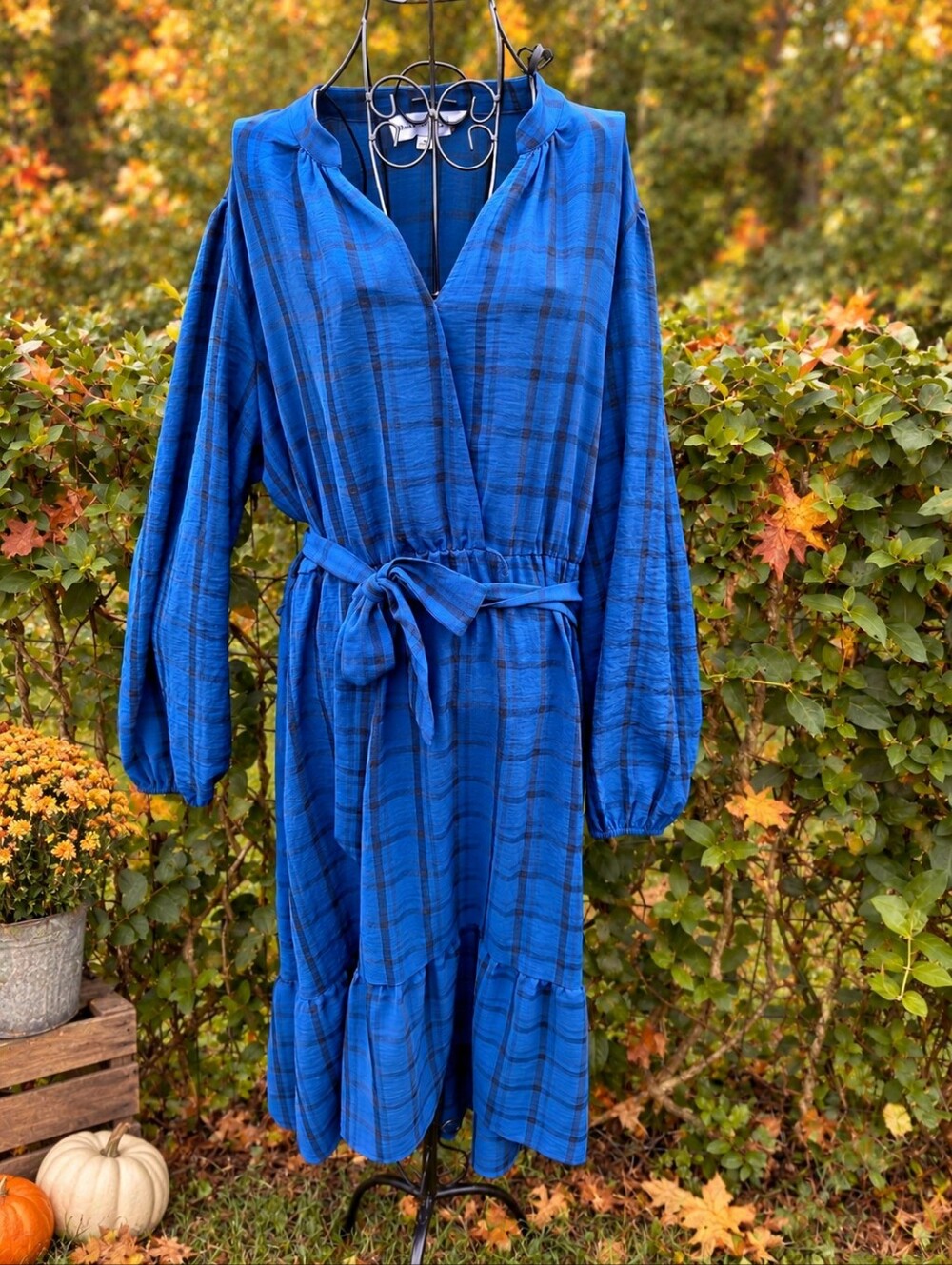 Emma & Michele Blue Plaid Belted Midi Dress XL – Long Sleeve Fall